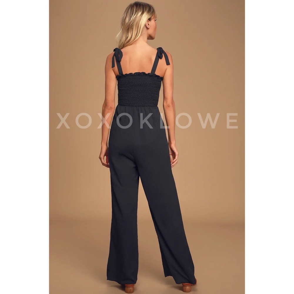 POL Black Relaxed Fit Smocked Jumpsuit Self Tie Shoulder Ribbons - Picture 15 of 16